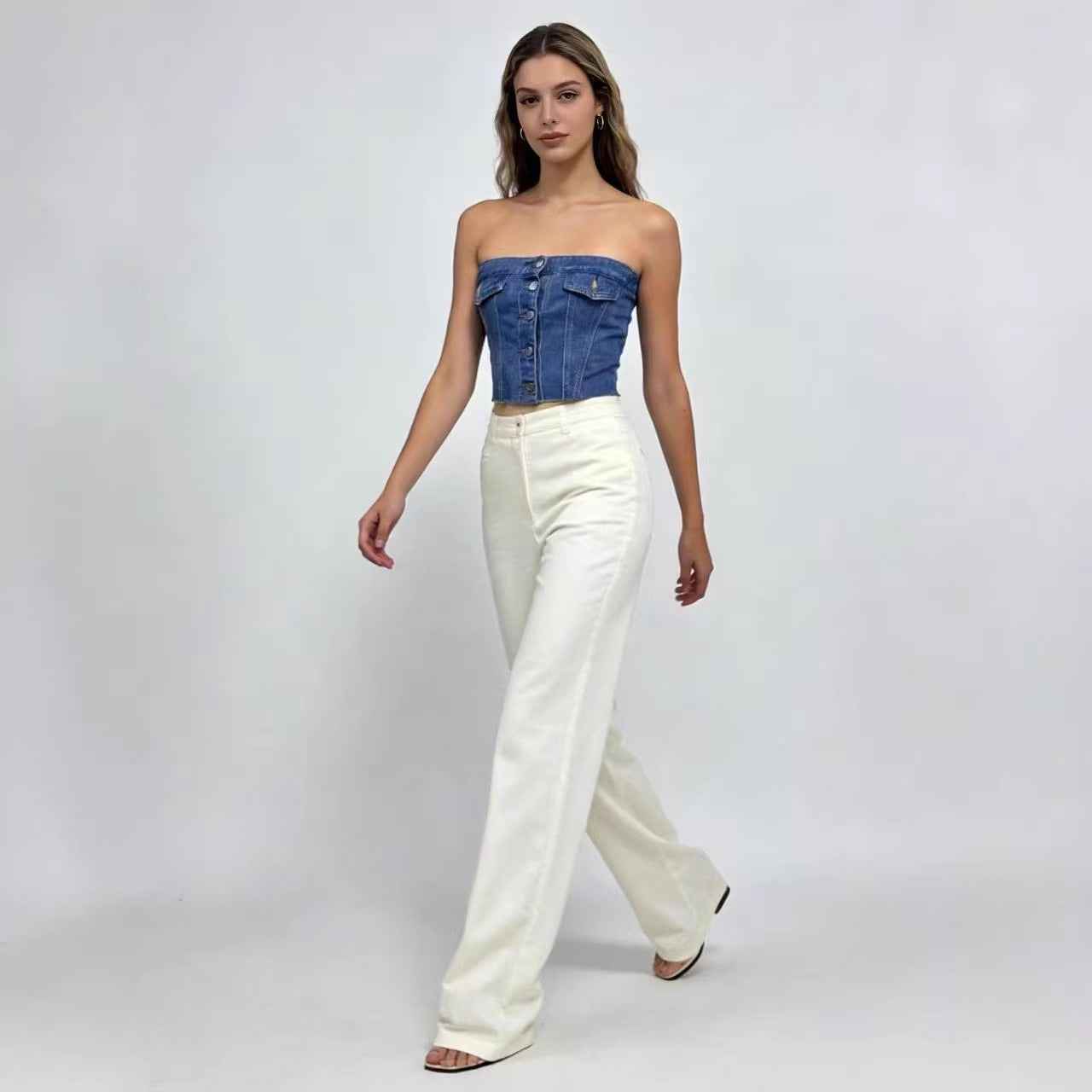 Womens Short Blue Slim-fit Denim Tube Top