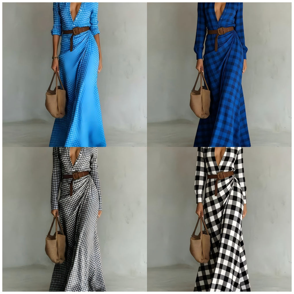 Slim-Fit Pleated Midi Dress with Belt — Plaid & Solid