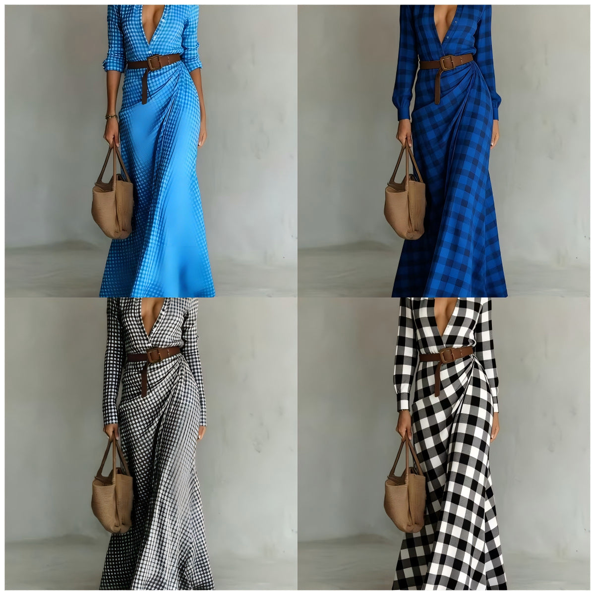 Slim-Fit Pleated Midi Dress with Belt — Plaid & Solid
