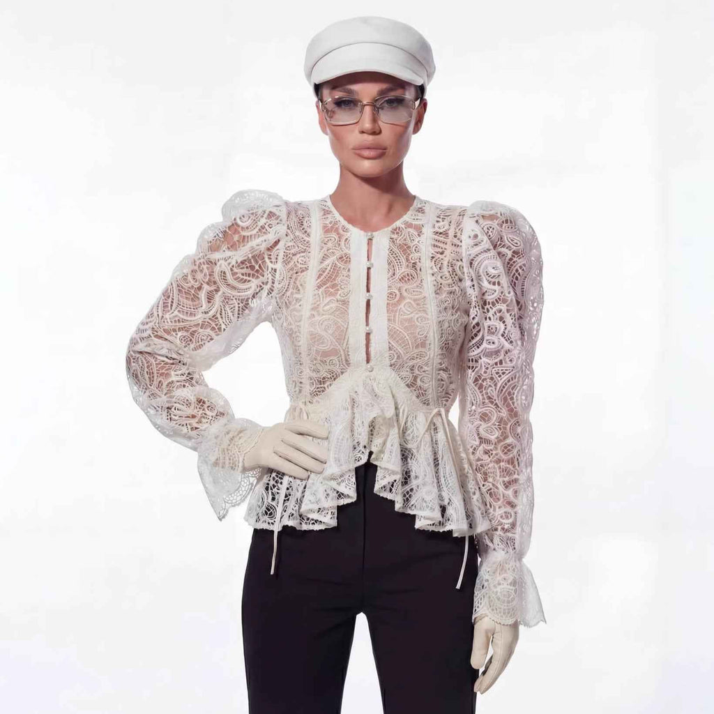 Round-neck Flared-sleeve Slim-fit Asymmetrical Blouse