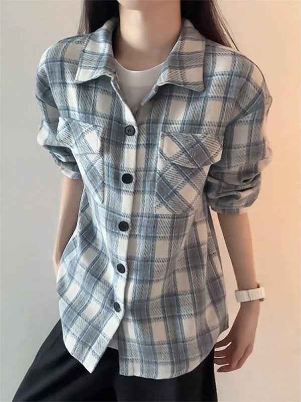 Sky Blue American Style Heavyweight Plaid Womens Shirt