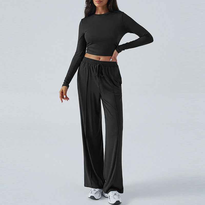 Long-Sleeve Top & Wide-Leg Pants Set – Solid Colour Co-ord