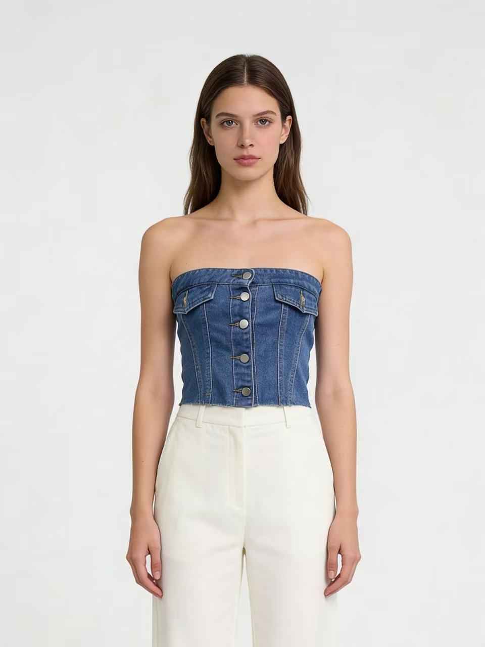 Womens Short Blue Slim-fit Denim Tube Top