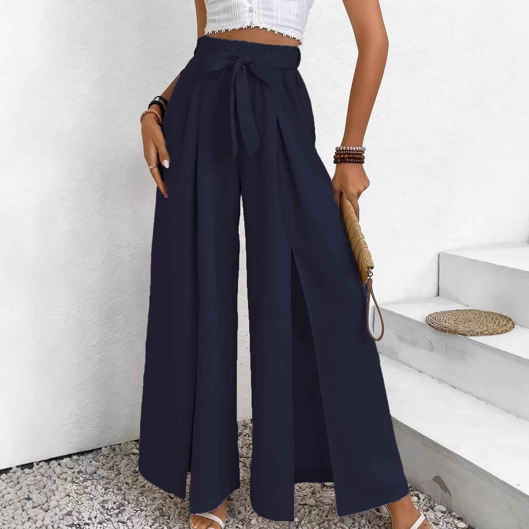 Summer New Solid-Color Casual Lace-Up Loose Womens High-Waisted Wide-Leg Long Pants