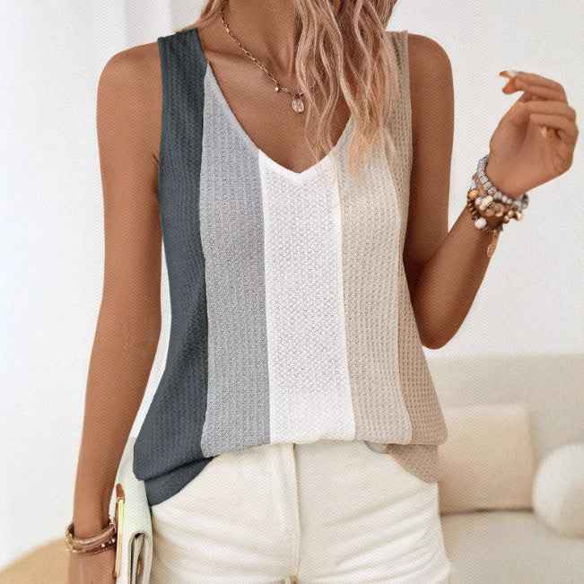 Women's Knitted Color-Block Vest – V-Neck Slim-Fit Sleeveless Top