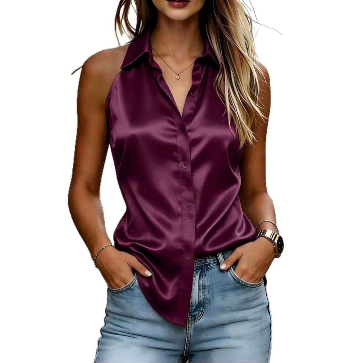 Satin Sleeveless Shirt — Solid Colour