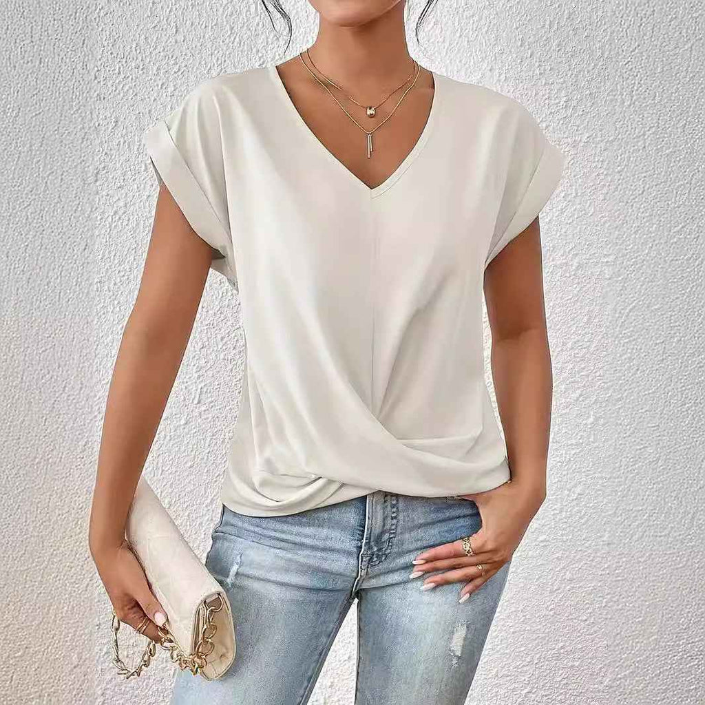 Ruffle V-Neck Short Sleeve Top – Slim Fit