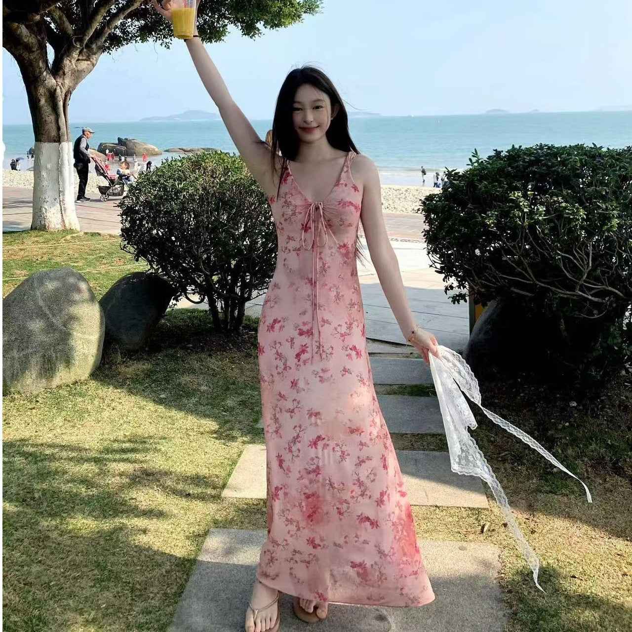 Pink Slim-Fit Floral Strap Dress – Patchwork Detail