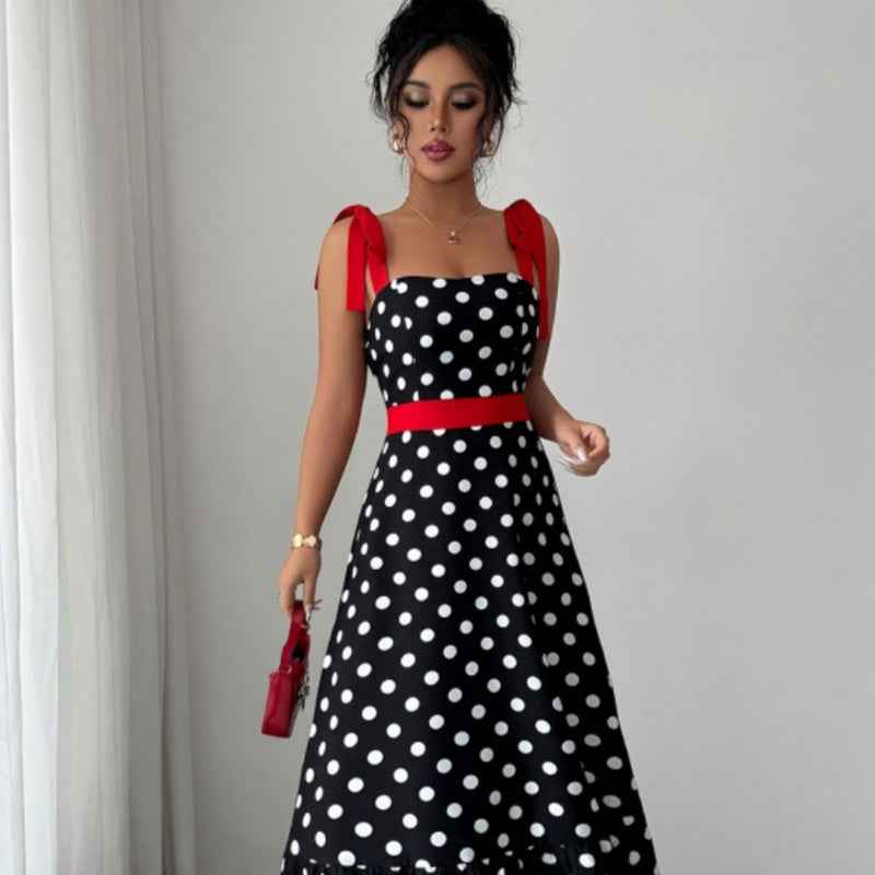 Women's Polka Dot Sleeveless A-Line Maxi Dress — Bow Detail & Color Block