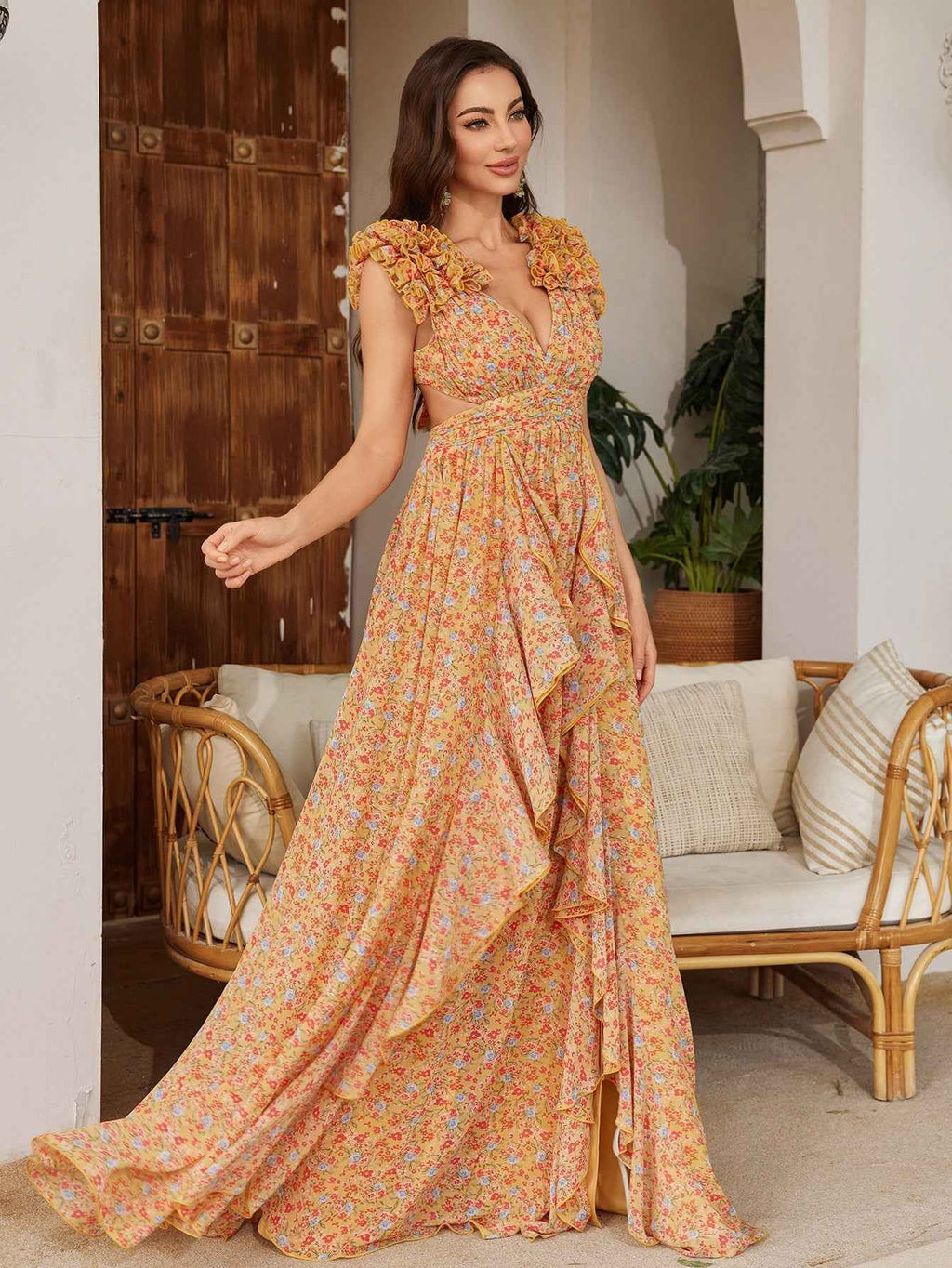 Womens Floral Printed Asymmetrical Slit Chiffon Lace Elegant Dress