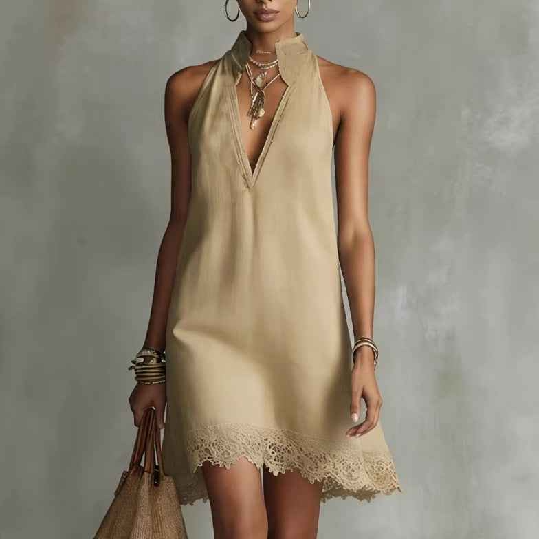Deep V-neck Pleated Solid-color Casual Dress