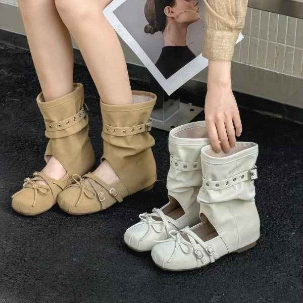 Ballet Sandal Boots – Belt Buckle, Round Toe & Bow Detail