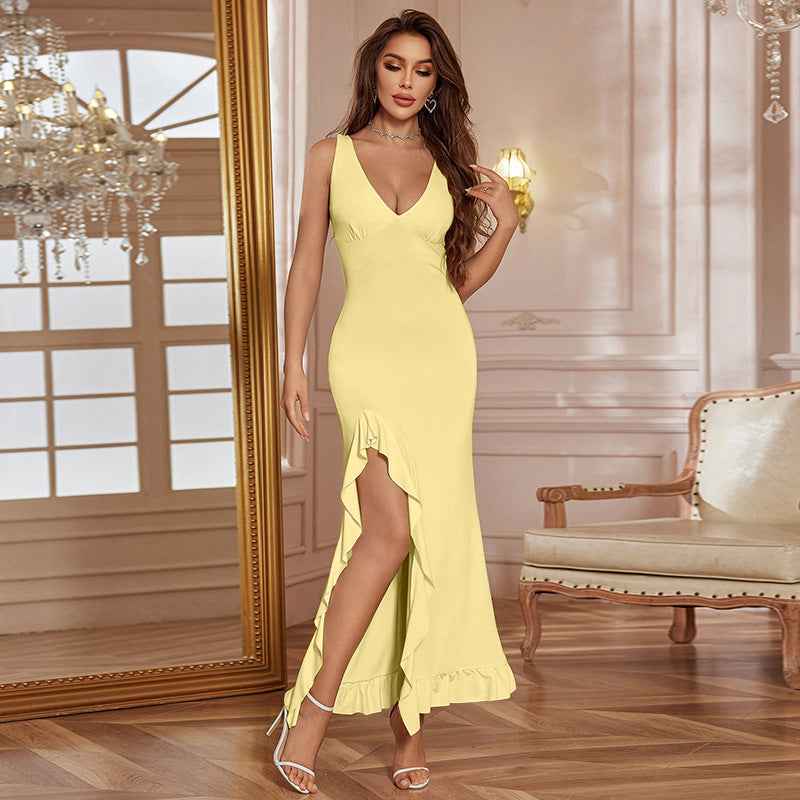 V-Neck Ruffle Slit Bodycon Maxi Dress