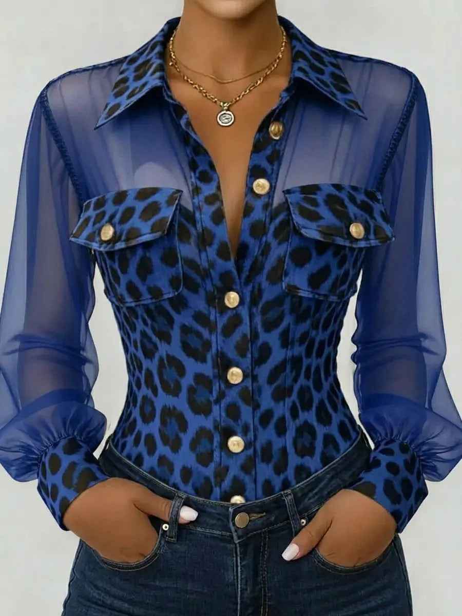 Women's Leopard Print Mesh Patchwork Cardigan with Pockets — 3 Colours