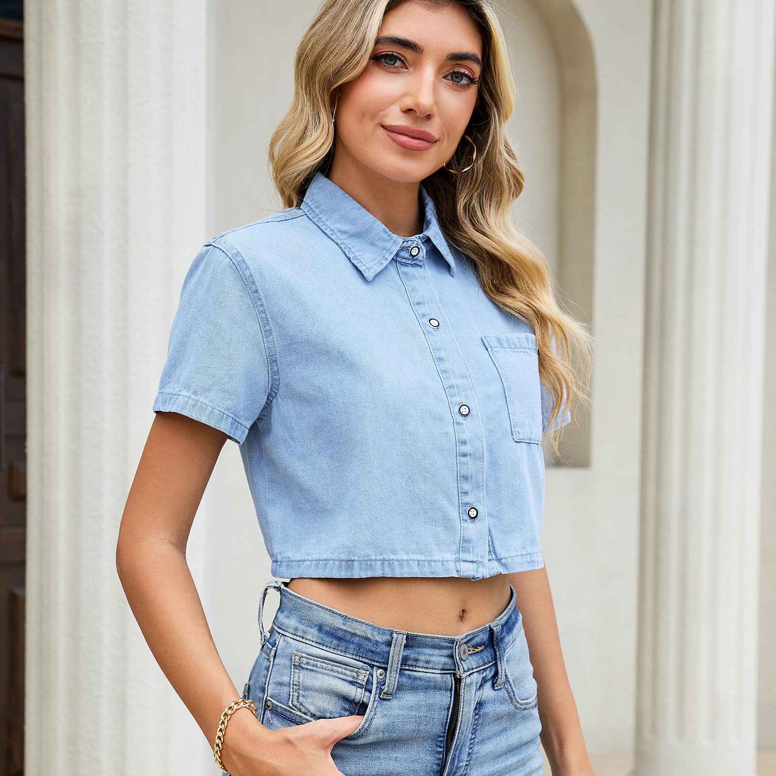 Light-blue Washed Denim Short Blouse