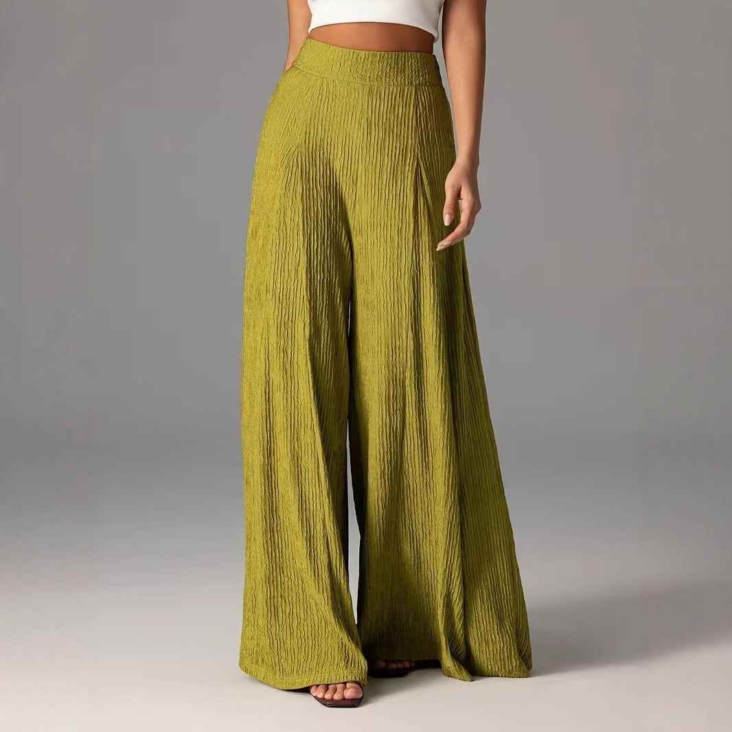 Elastic-waist Loose Solid-color Trousers High-waisted Wide-leg Pants