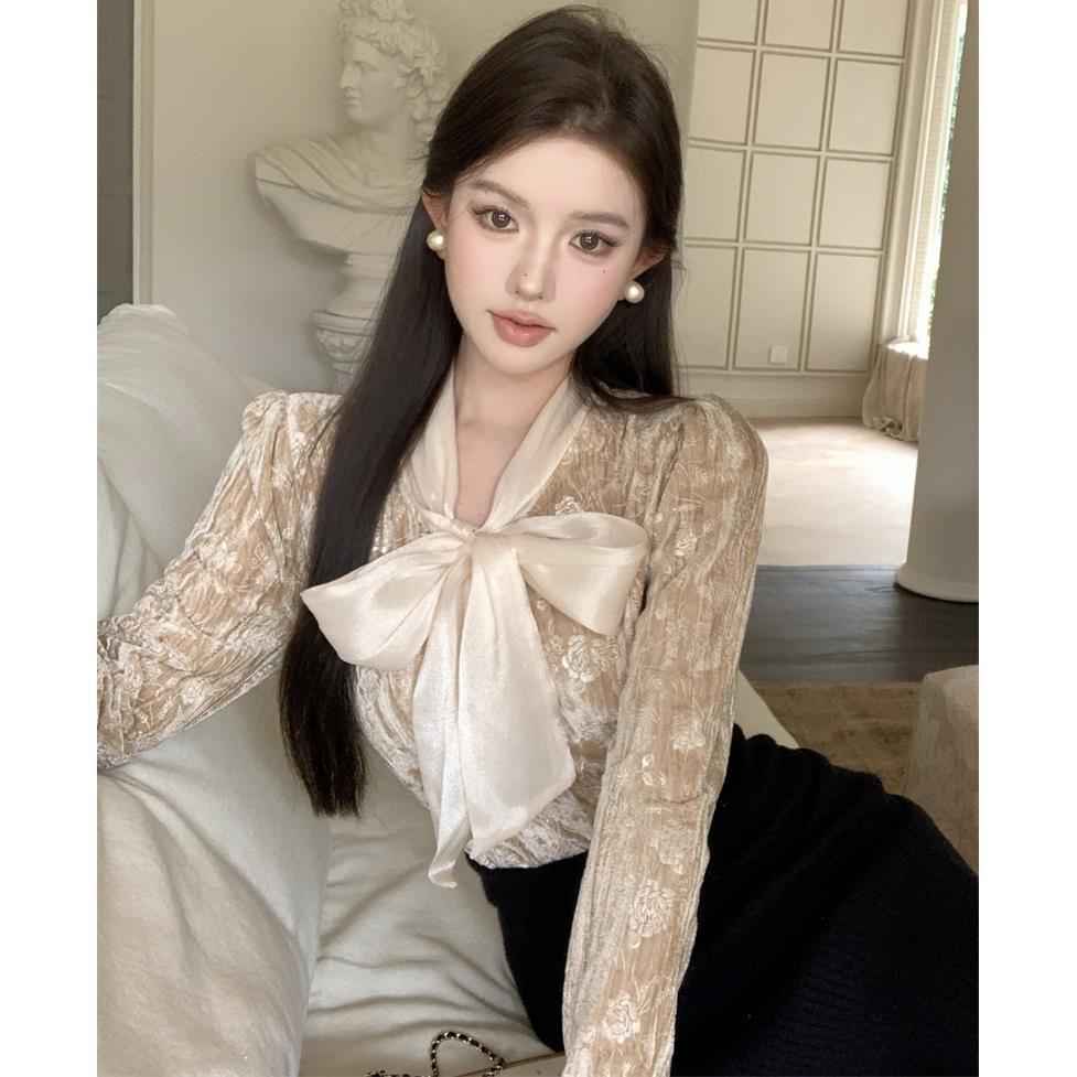 French-Style Bow-Tie Lace-Up Soft Satin Long-Sleeve Shirt