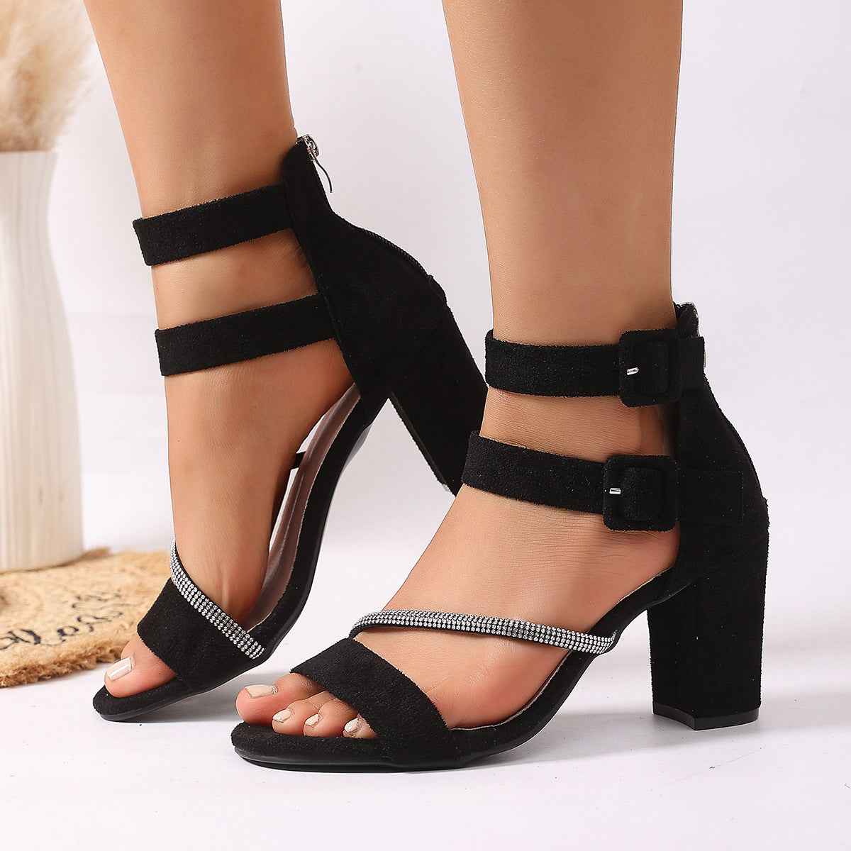 Black Suede Peep-Toe Chunky Heel Pumps – 6 Styles | Sizes 35–43