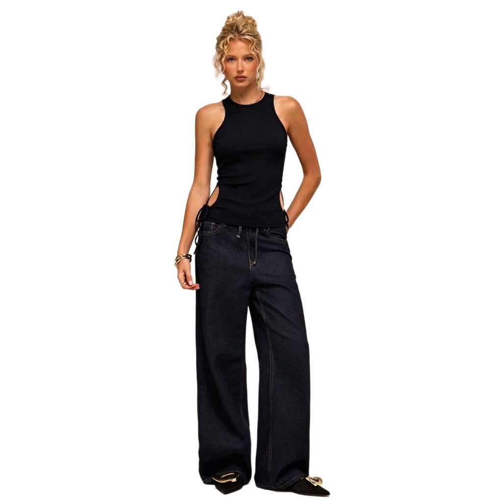 Womens Sleeveless Top, Hollowed-Out With Lace-Up Waist For A Slimming Effect
