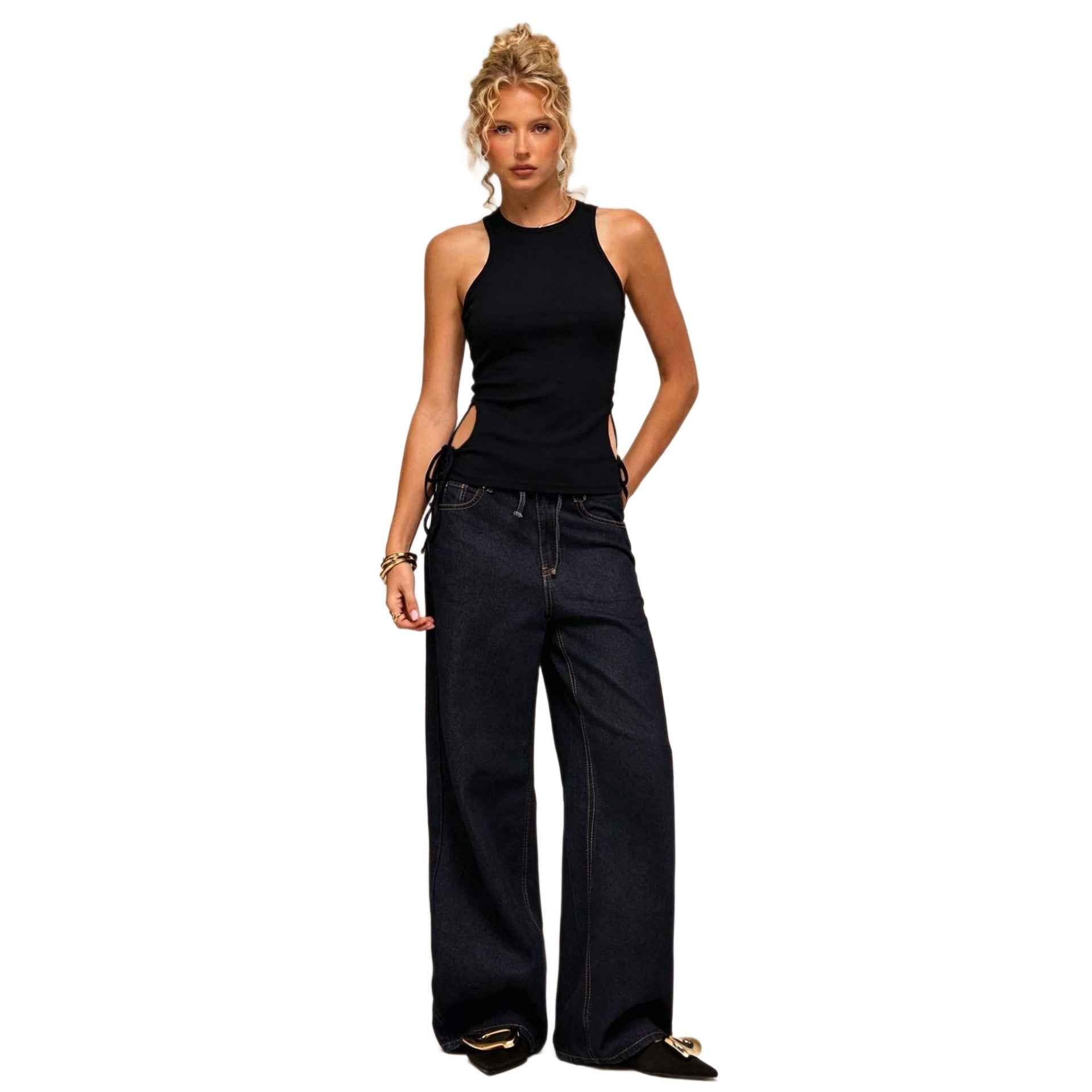 Womens Sleeveless Top, Hollowed-Out With Lace-Up Waist For A Slimming Effect