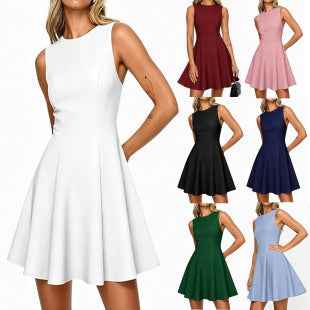 Solid-Colour Sleeveless Crew-Neck A-Line Midi Dress — Slim-Fit