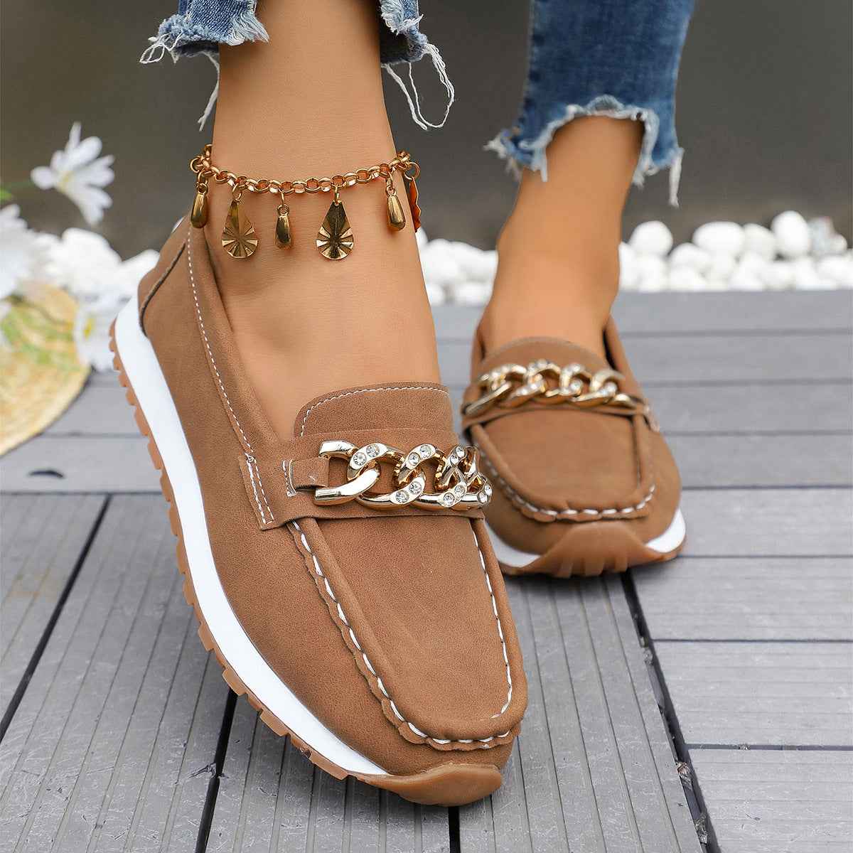 Metal-Accent Slip-On Loafers with Platform Sole