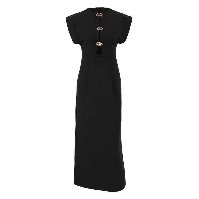 Women's Black Sleeveless Cutout Maxi Dress — Metal Button & High Waist