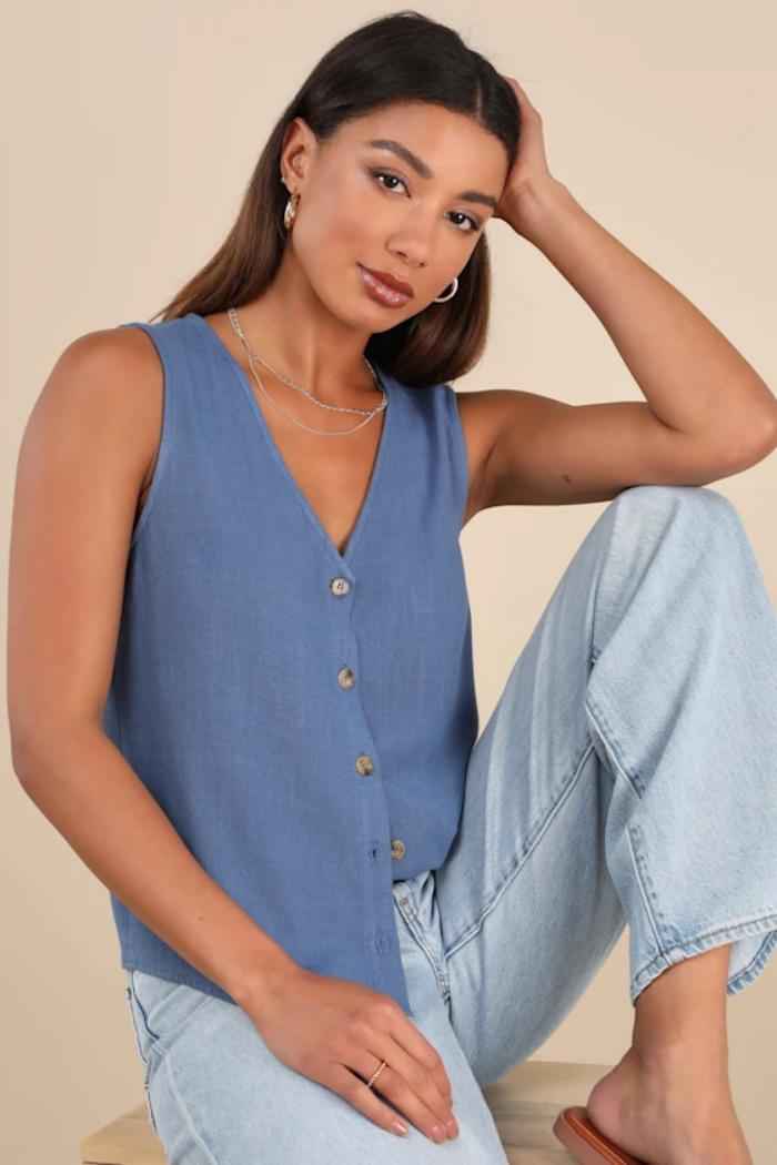 Solid-color Linen V-neck Sleeveless Button-up Top