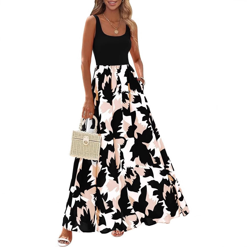 Colour-Block Sleeveless A-Line Maxi Dress — Patchwork Elegant