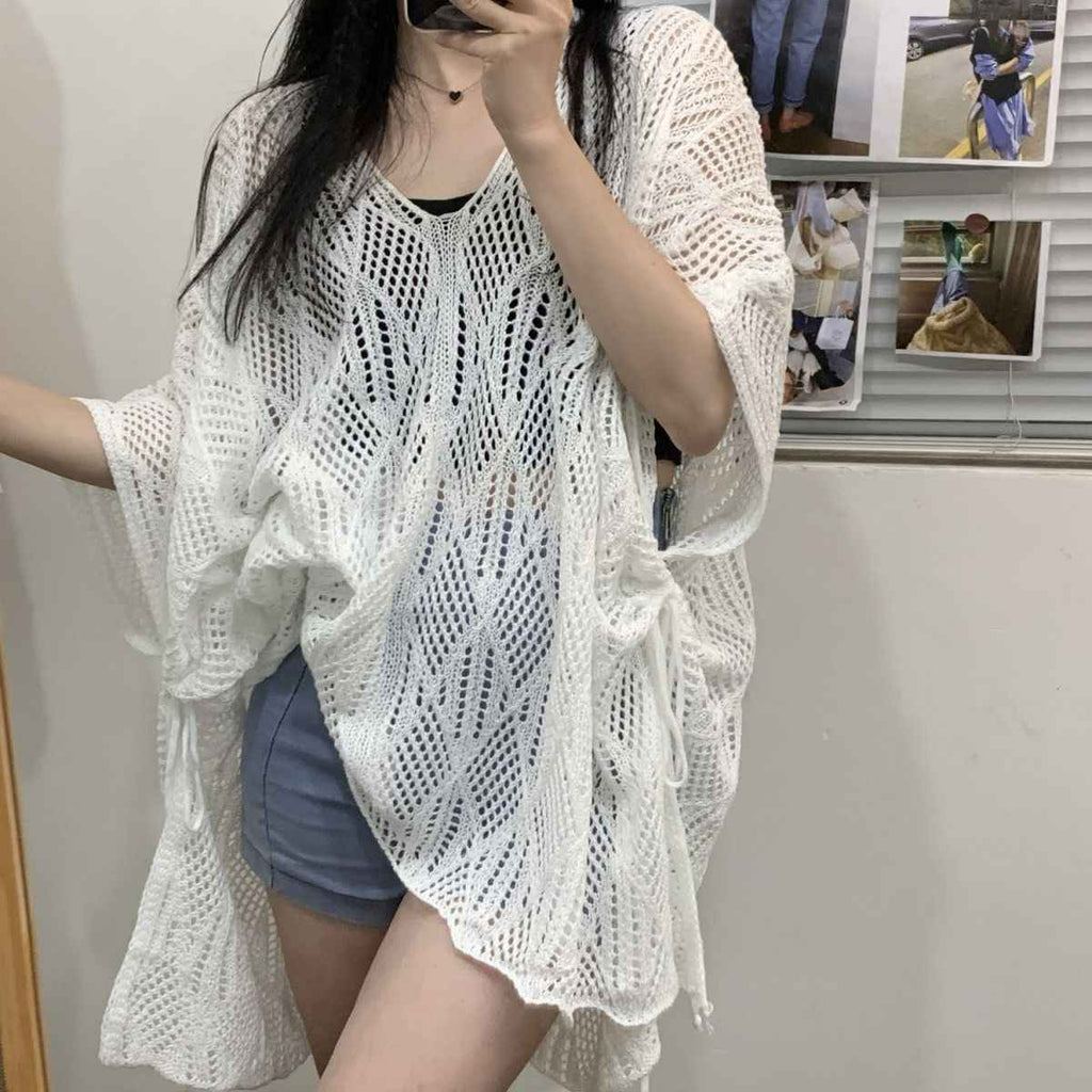 Diamond Knit Hollow-Out Hooded Sweater
