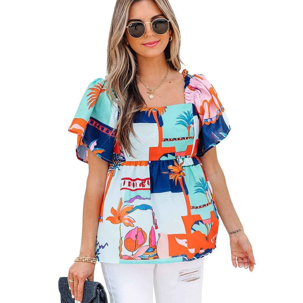 Colour-Block Square-Neck Flounce Sleeve Loose Top