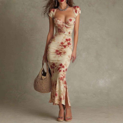 Womens Retro-Print Slim-Fit Casual Dress