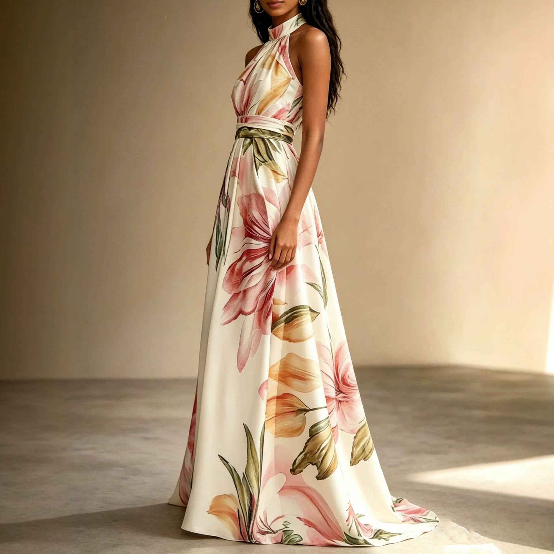 Sleeveless High-Waist Open-Back Floral Print Flared Hem Maxi Dress