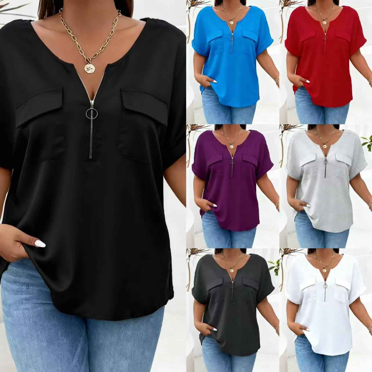 Plus Size Batwing-Sleeve Zip Top – Relaxed Fit with Pocket