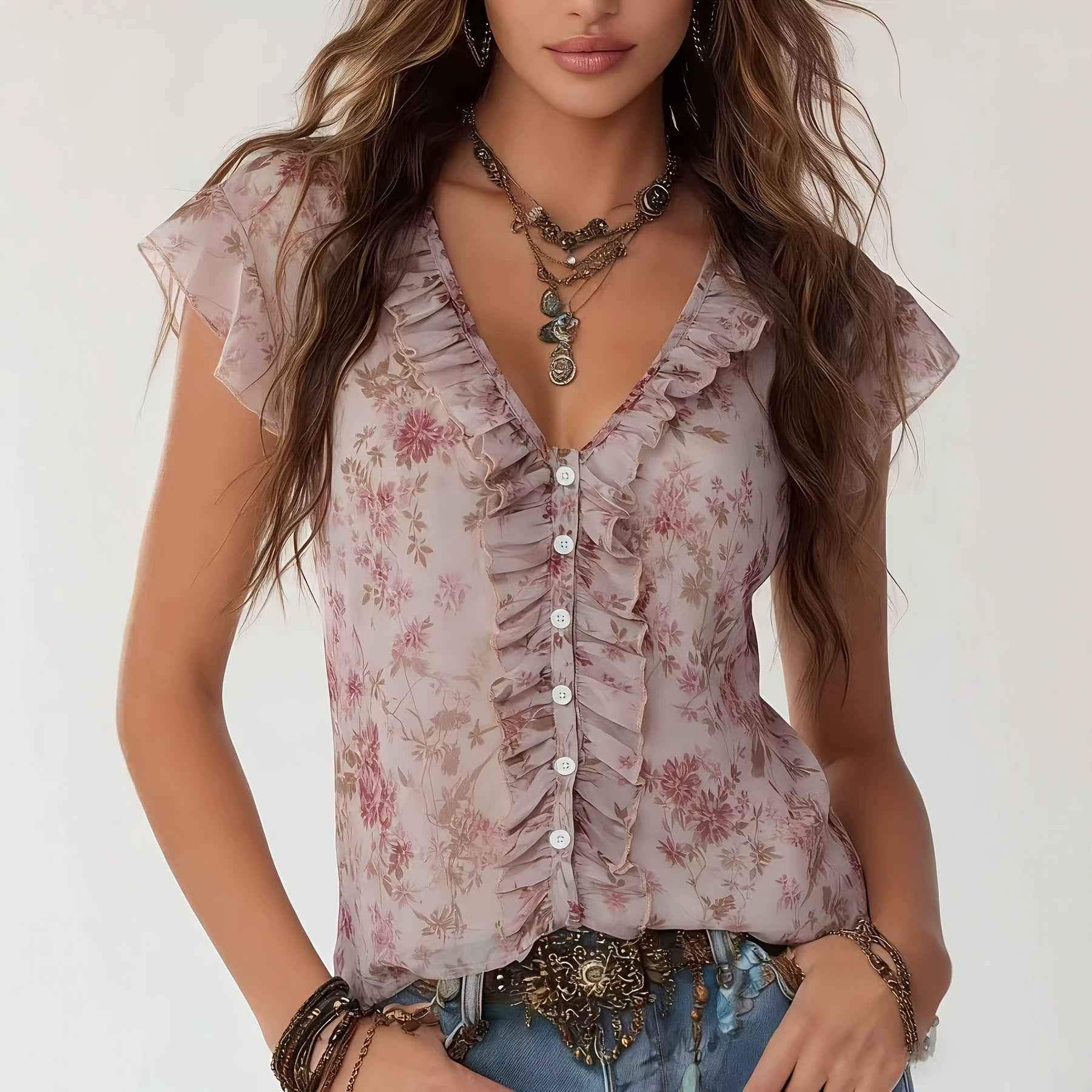 Floral Chiffon V-Neck Top – Ruffled Flare Sleeve, Retro Style