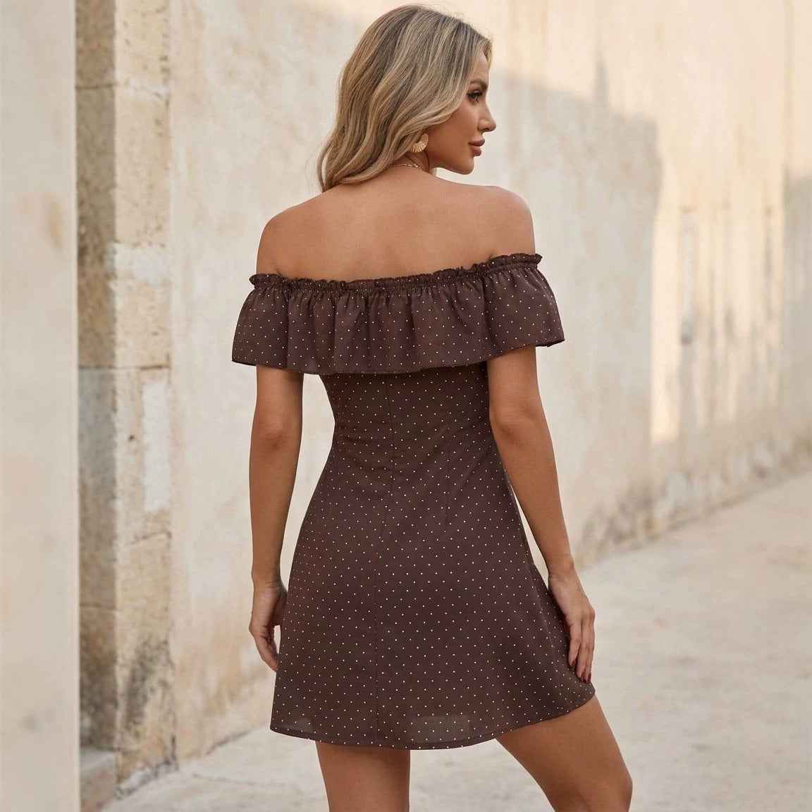 Womens Polka-dot Off-shoulder Dress