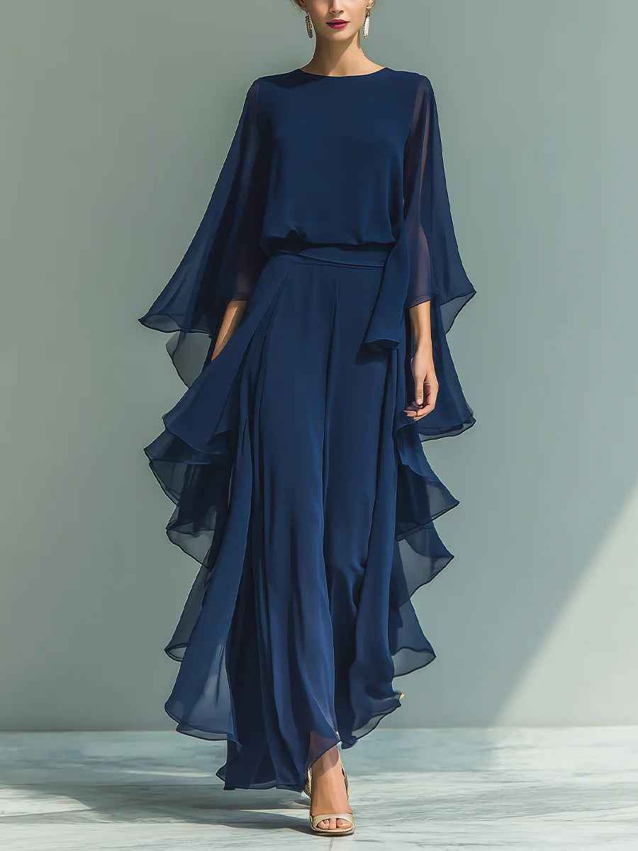 Long-Sleeve Ruffle-Edge Top & Wide-Leg Pants Elegant Two-Piece Set