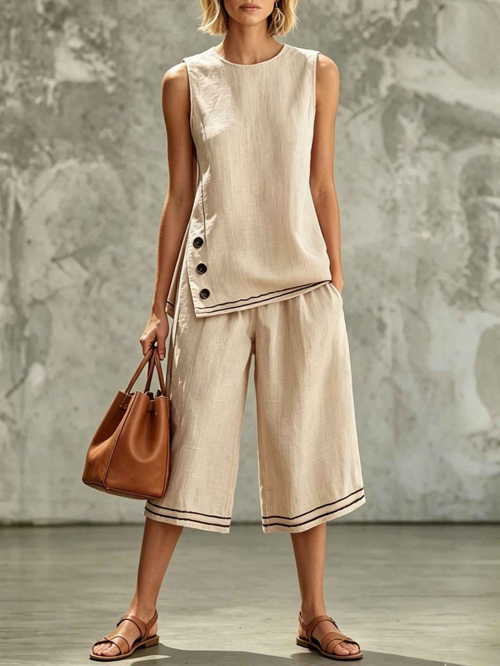 Colour-Block Sleeveless Side-Split Tank Top & Wide-Leg Cropped Pants Two-Piece Set