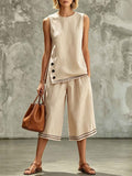 Colour-Block Sleeveless Side-Split Tank Top & Wide-Leg Cropped Pants Two-Piece Set