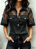 Women's Faux-Denim Patchwork Long-Sleeve Top – Slim Fit