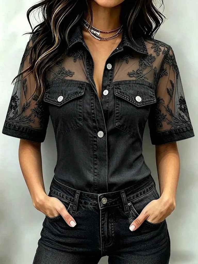 Women's Faux-Denim Patchwork Long-Sleeve Top – Slim Fit