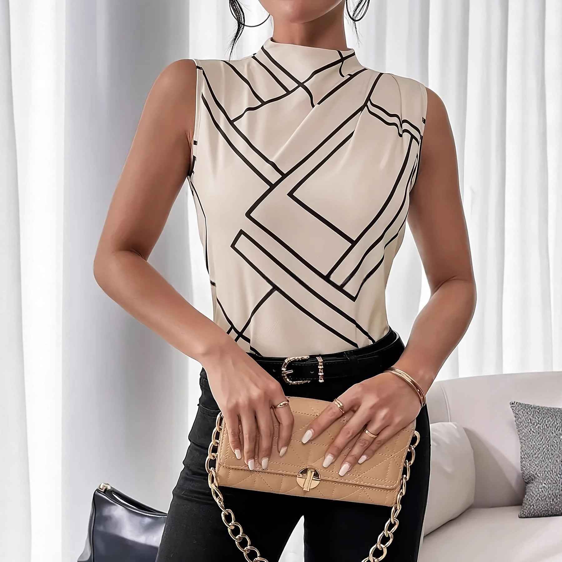 Plus Size Sleeveless Plaid Top – Slim Fit, Elegant Office Style