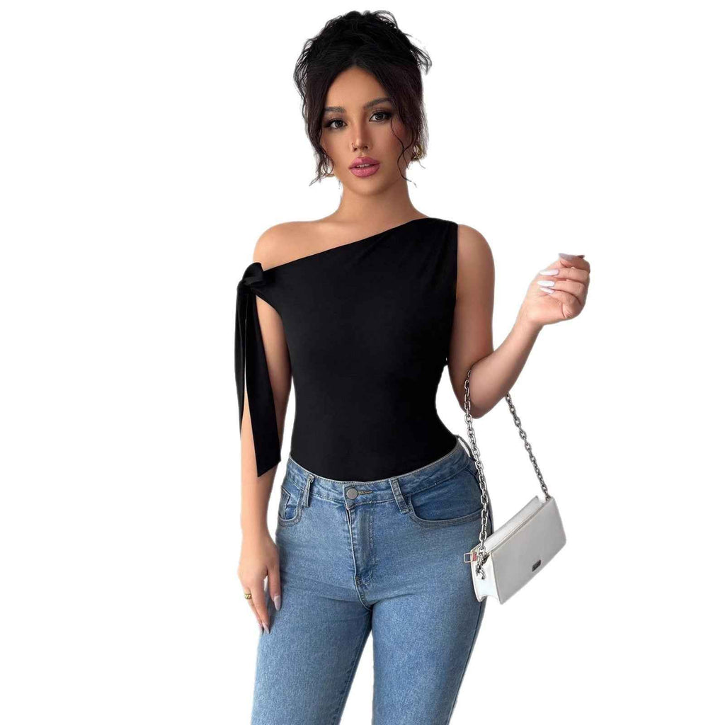 Womens Elegant Solid-color Off-shoulder Twist-tie Top