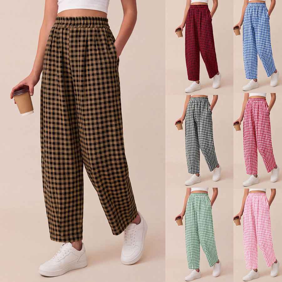 Plaid Knit Elastic-Waist Cropped Trousers