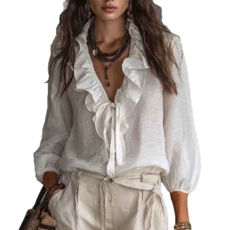 Women's Ruffle-Trim V-Neck Lace-Up Blouse with Flared Sleeves — 3 Colours
