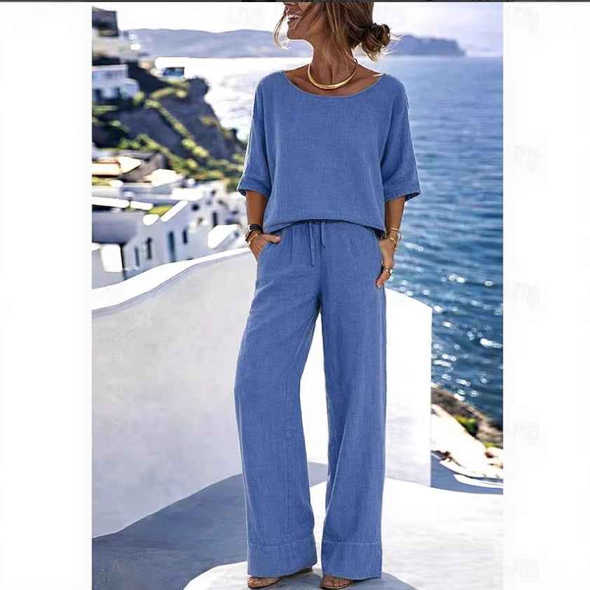 Knitted Short-Sleeve Top & Wide-Leg Pants Bohemian Resort Two-Piece Set