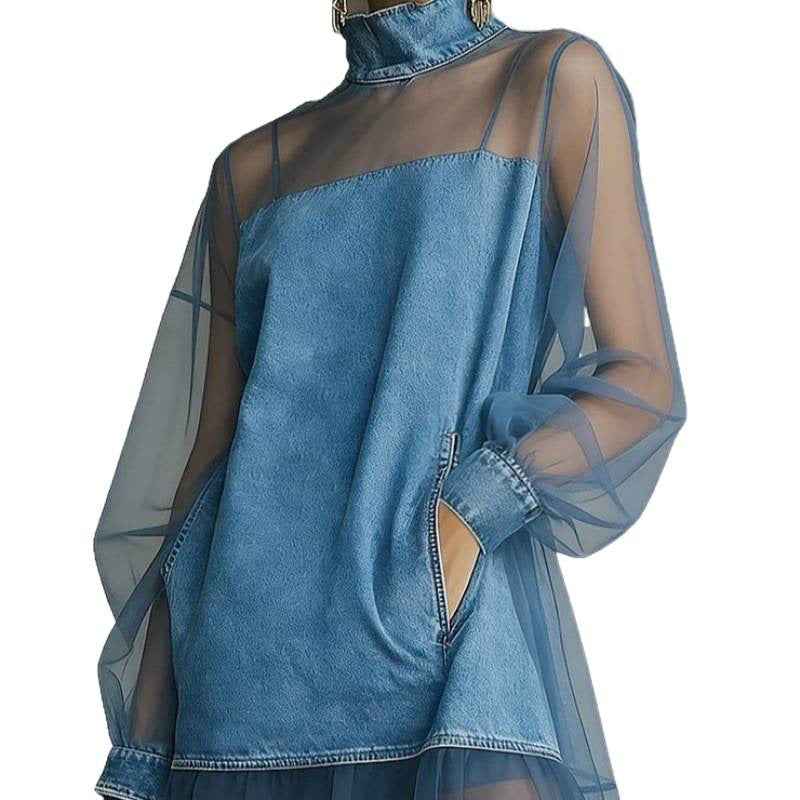 Contrast Panel Mock-Collar Denim Mini Dress
