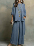 Linen-Blend Shirt & Wide-Leg Pants Set – Loose Fit