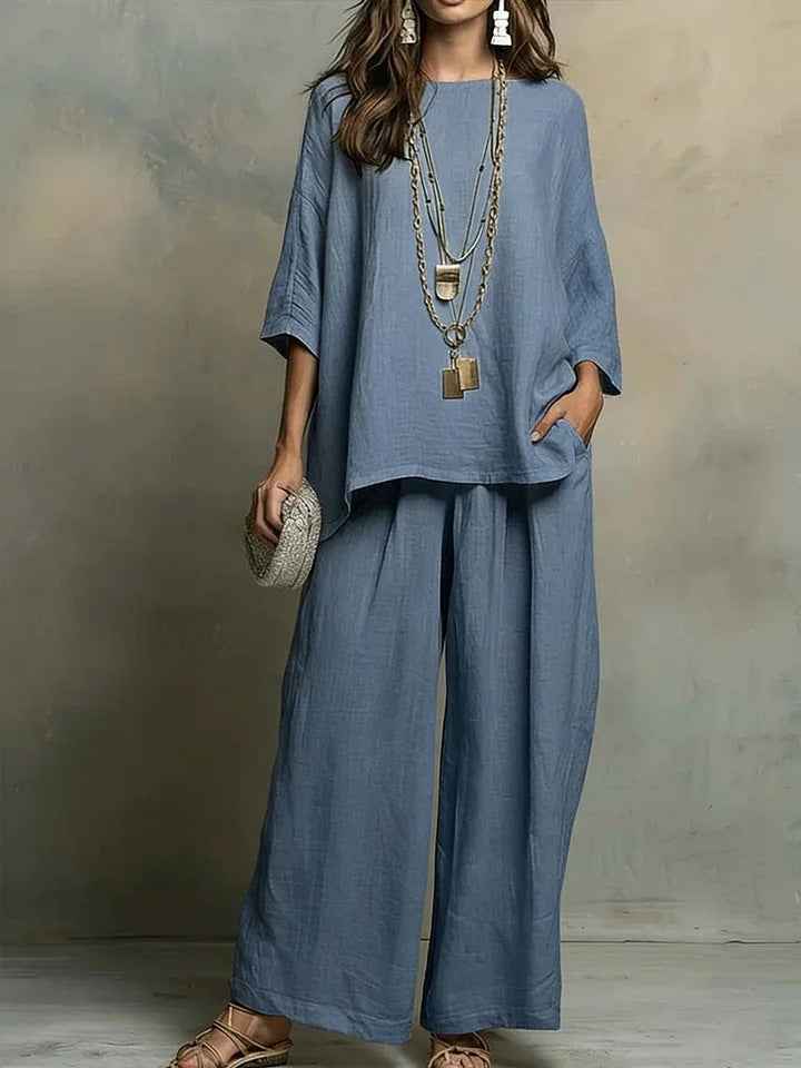Linen-Blend Shirt & Wide-Leg Pants Set – Loose Fit