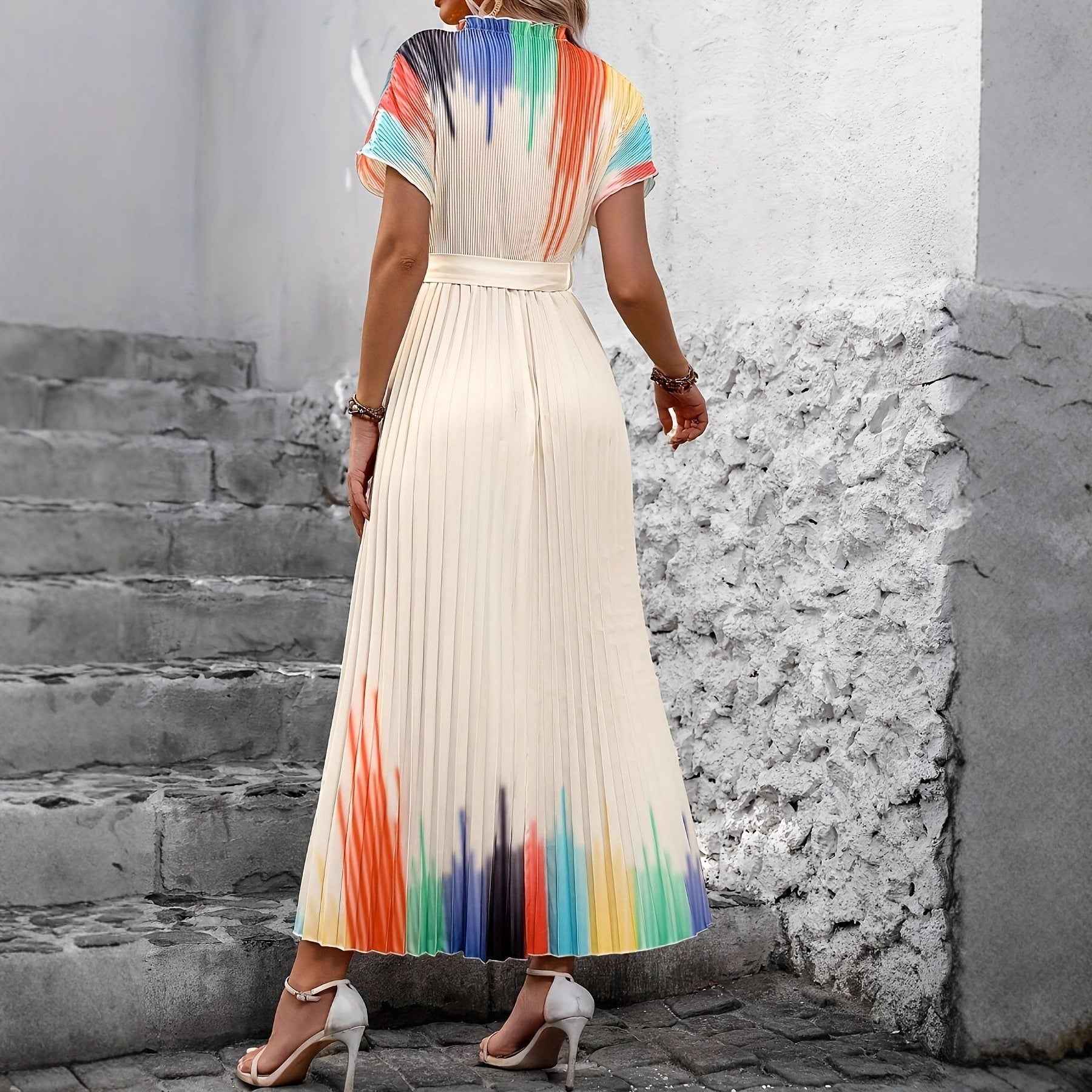 Women's Beige Lace-Up Pleated Midi Dress — Mock Neck & Raglan Sleeve